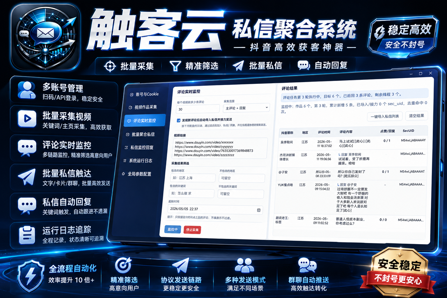 【新品-纯协议私信】抖音无限私信聚合系统 评论协议实时监控 自动私信卡片 私信监控自动回复 群聊回复